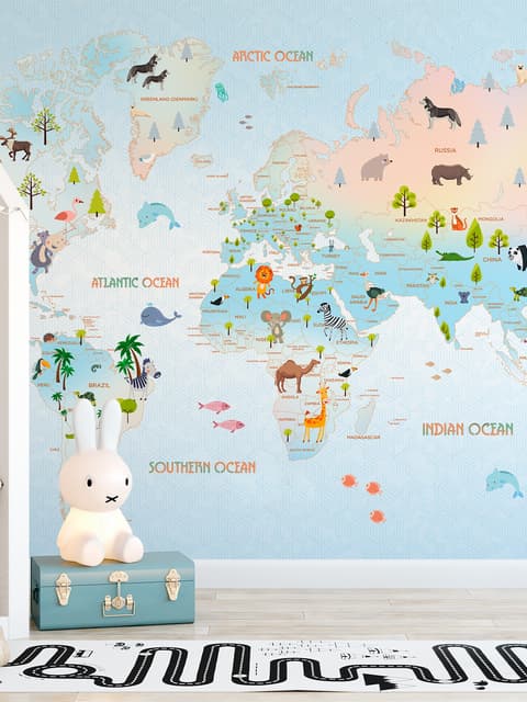 Papier peint carte monde bleu rose jaune animaux cartoon