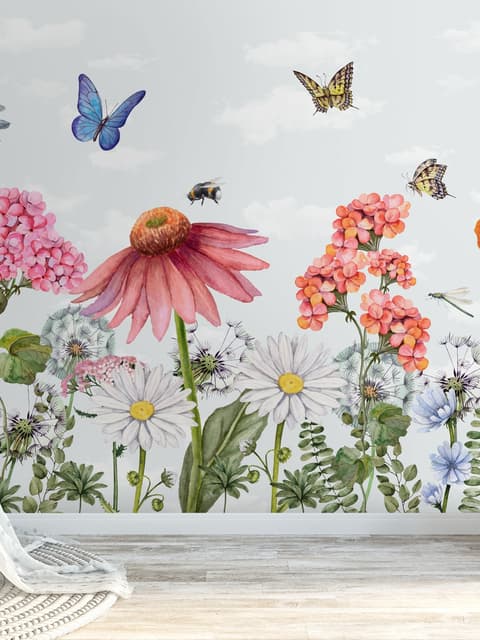 Papier peint panoramique floral avec papillons pour enfants