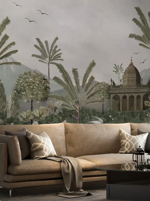 Vintage River Landscape with Mosque Historical Art Wallpaper Mural