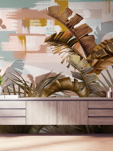 Tropical Leaf Painting with Brush Strokes Wallpaper Mural
