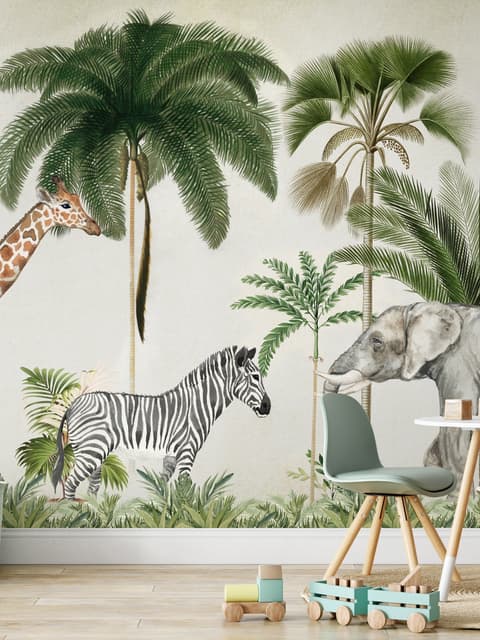 Kids Wild Tropical Animals with Palm Trees Wallpaper Mural