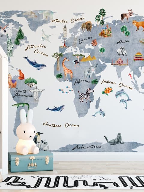 Animals on World Map Wallpaper Mural