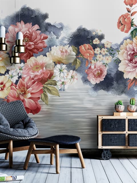 Vintage Red and Pink Blooms Floral on Smoky Background Wallpaper Mural