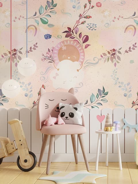 Nursery Cute Clouds with Leafs Wallpaper Mural
