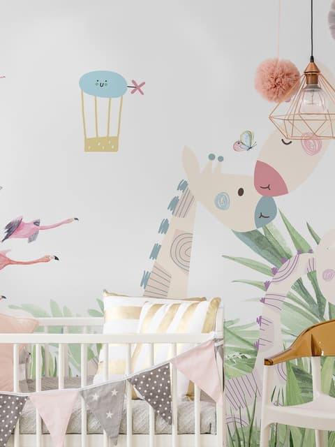 Papier peint panoramique de la chambre d'enfant, paysage tropical avec de jolies fillettes