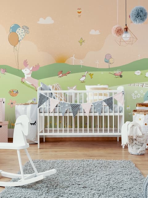 Papier peint panoramique paysage de forêt cartoon pour chambre d'enfant