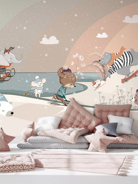 Nursery Snowy Landscape with Cute Cartoon Animals Wallpaper Mural