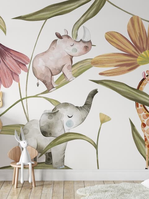 Papier peint animaux tropicaux fleurs chambre bébé