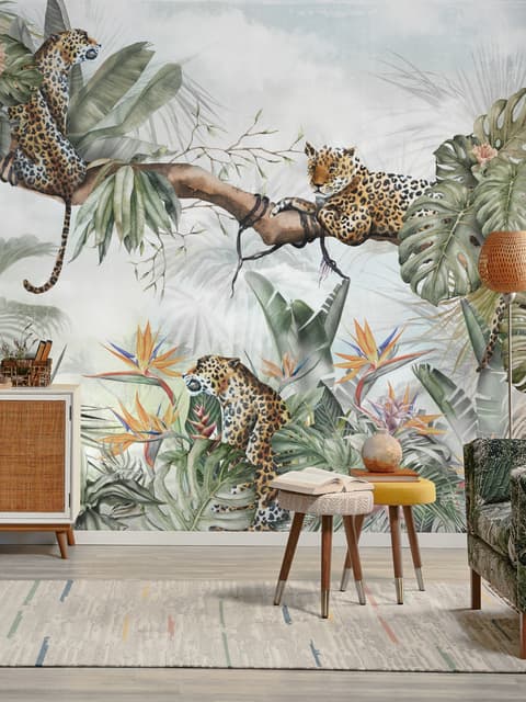 Leopards and Tropical Leaves Wallpaper Mural