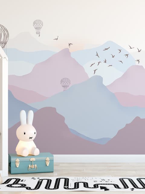 Kids Soft Misty Mountain Landscape and Old Hot Air Balloons