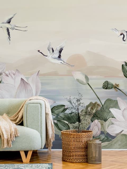 White Lotus Floral and Crane Birds Wallpaper Mural