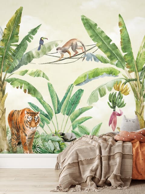 Aquarell Safari-Tiere im Regenwald Fototapete für Kinder