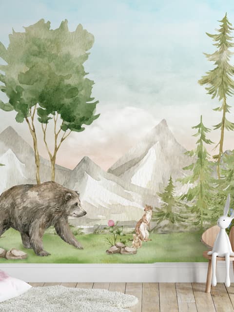 Kids Watercolor Coniferous Forest with Animals Wallpaper Mural