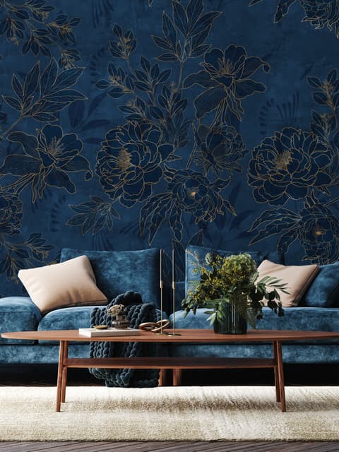 Dark Navy Peony Floral Drawing Art Wallpaper Mural