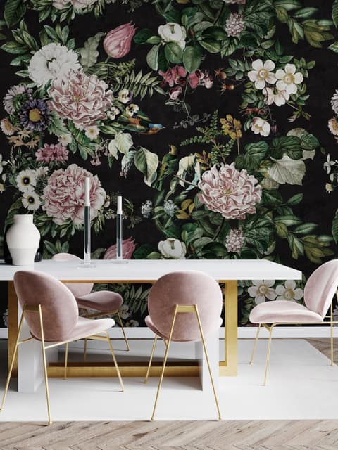 Papier peint panoramique floral doux et botanique foncé