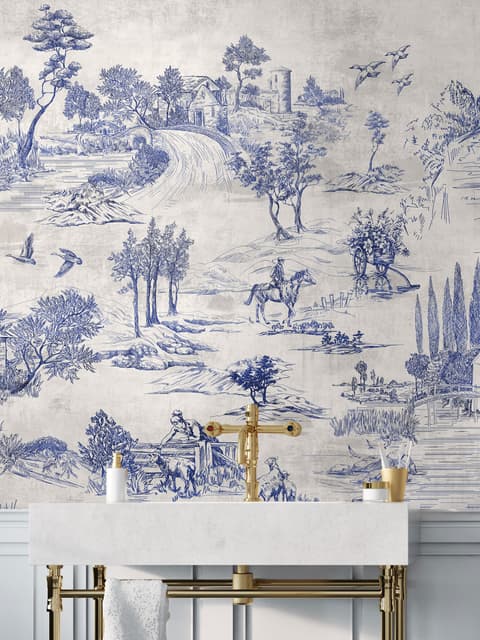 Vintage Monochrome Jouy Style Landscape Wallpaper Mural