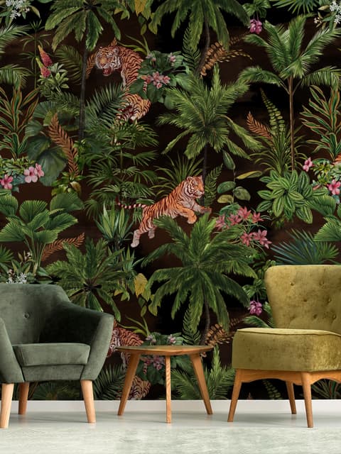 Dark Tropical Trees with Tigers Wallpaper Mural