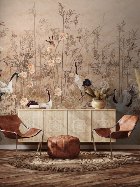Paysage chinois de pivoines et de bambous avec oiseaux grues