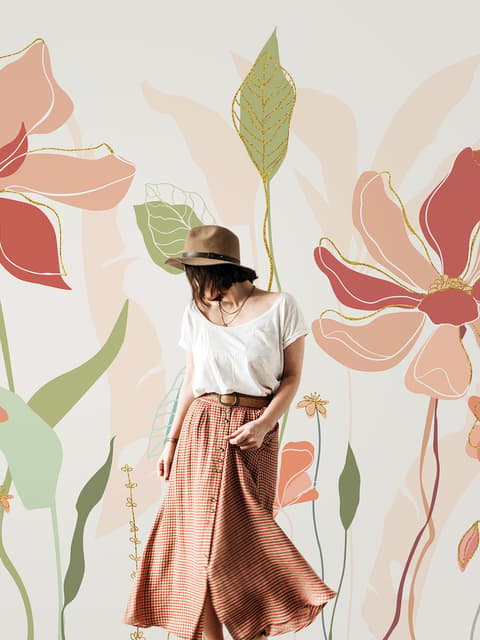 Gold Look Floral Garden Drawing Art Wallpaper Mural