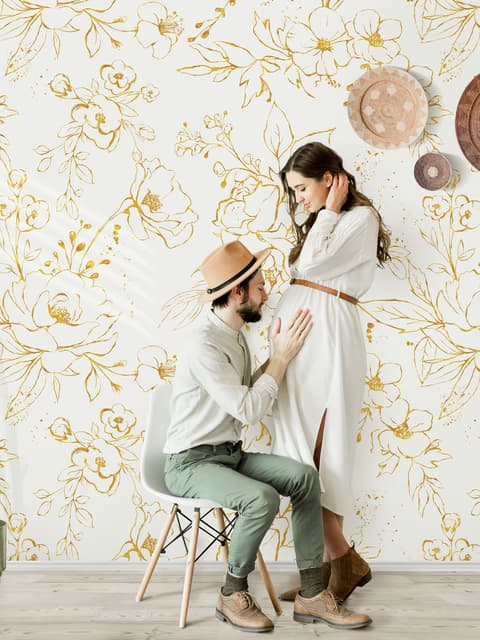 Gold Look Peony Floral Drawing Bright Flower Art Wallpaper Mural