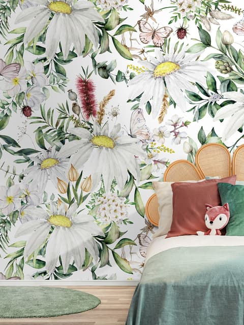 Bright Daisy Flower Bouquet with Green Leaves Wallpaper Mural