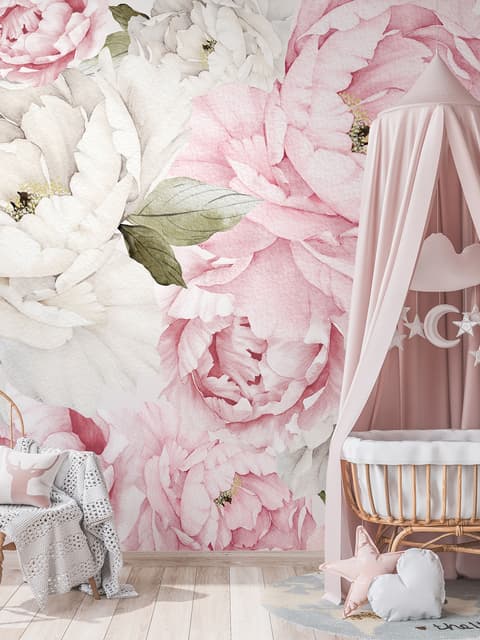 Nursery Watercolor Pink Peony Floral Blossom Wallpaper Mural