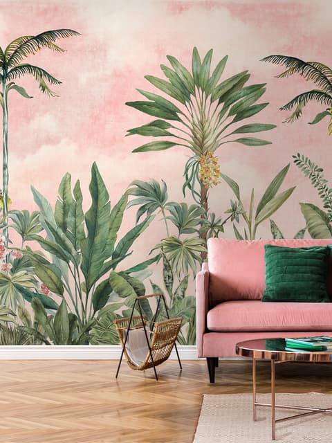 Watercolor Pink Tropical Chinoiserie Wallpaper Mural