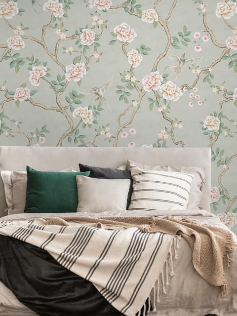 Sanfte Chinoiserie-Pfingstrosenbaum-Blütenkunst Fototapete