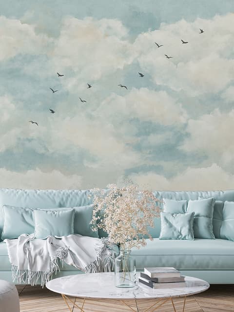 Abstract Clouds with Birds Wallpaper Mural