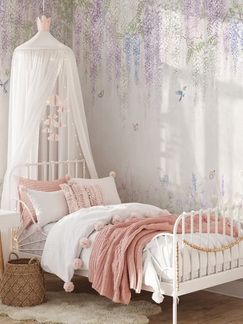 Watercolor Hanging Wisteria Flowers with Hummingbirds Wallpaper Mural 