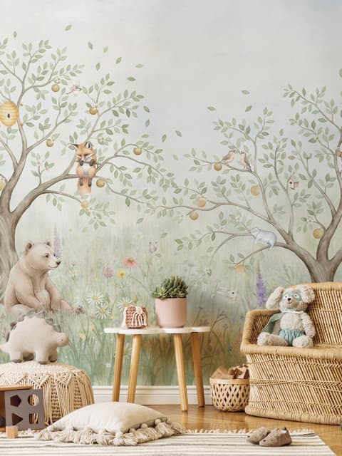 Kids Soft Pastel Forest Animals Wallpaper Mural