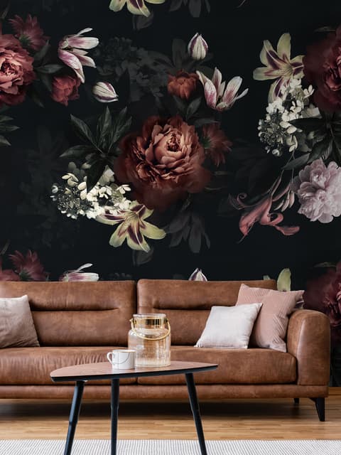 Realistic Dark Peony Floral Bouquet Wallpaper Mural