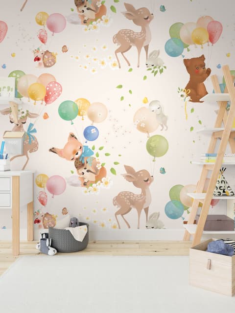 Animaux mignons volant avec des montgolfières Papier peint panoramique enfants