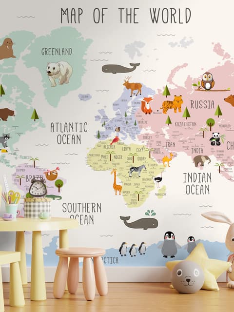Kids Nursery Educational Continent World Map Wallpaper Mural