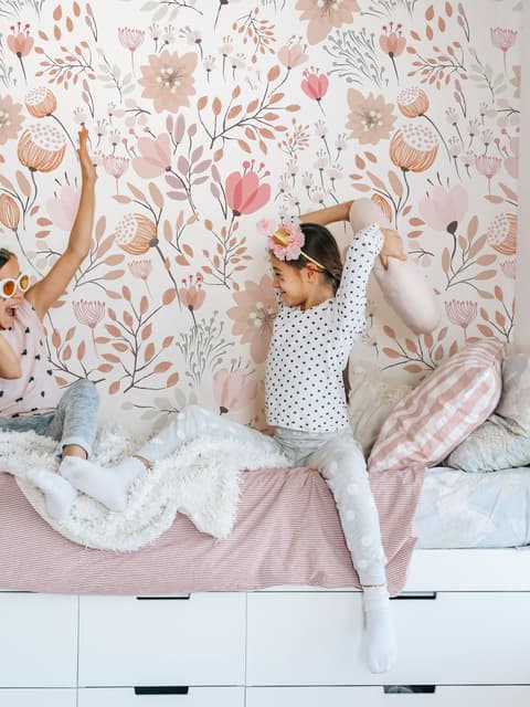 Kids Soft Light Pink / Blue Wildflowers Floral Pattern Wallpaper Mural