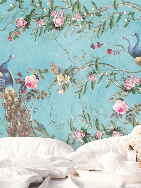Peacock with Peony Blossom Wallpaper Mural