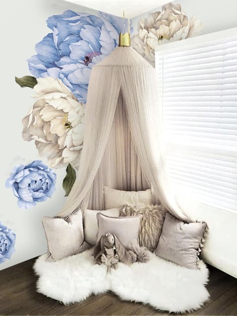 Blue White Peony Floral Bouqets with Green Leaves Wall Decal Sticker