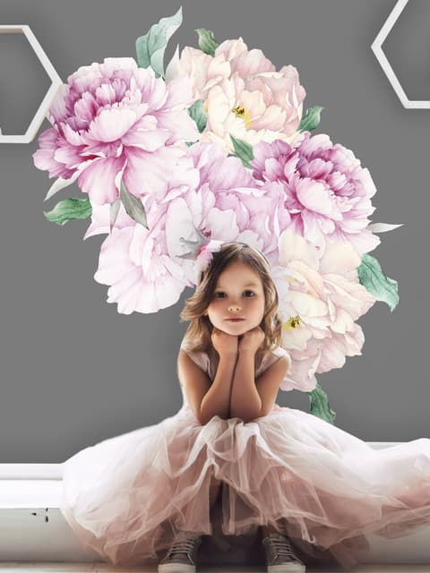 Watercolor Pink White Floral Bouqets with Green Leaf Wall Decal Sticker