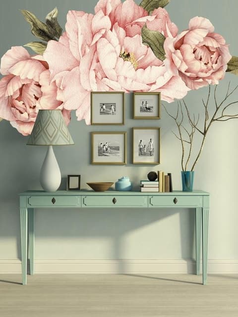 Pink Peony Florals with Green Leaf Wall Decal Sticker