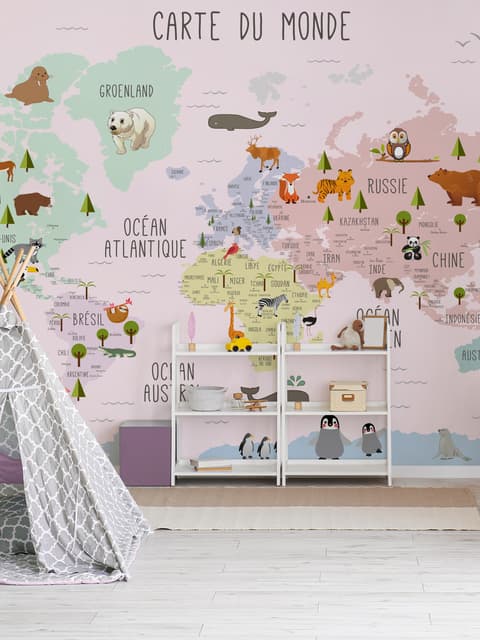  Carte éducatif en Français - Papier peint carte du monde éducative avec animaux pour enfants et bébé