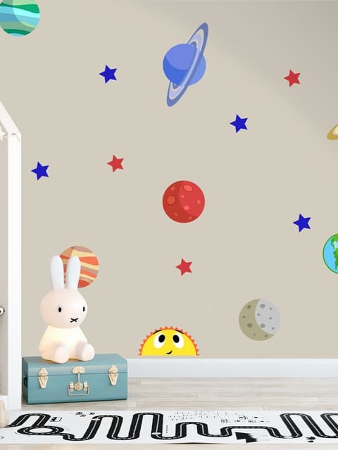 Colorful Planets and Happy Sun with Stars Wall Decal Sticker