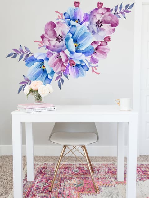 Watercolor Pink Blue Gardenia Floral Bouqets Wall Decal Sticker