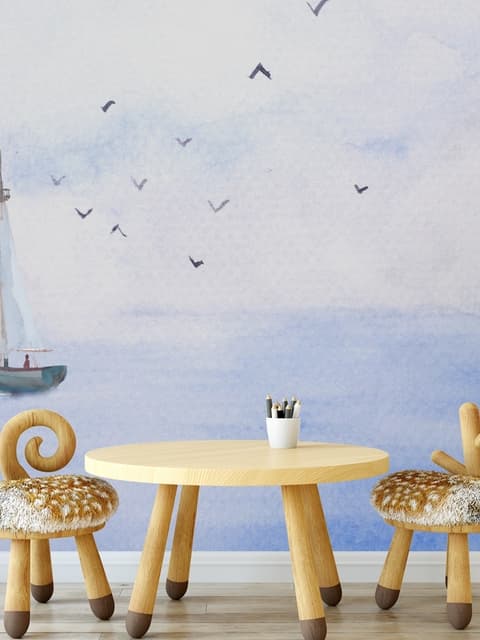 Papier peint panoramique phare et voilier aquarelle