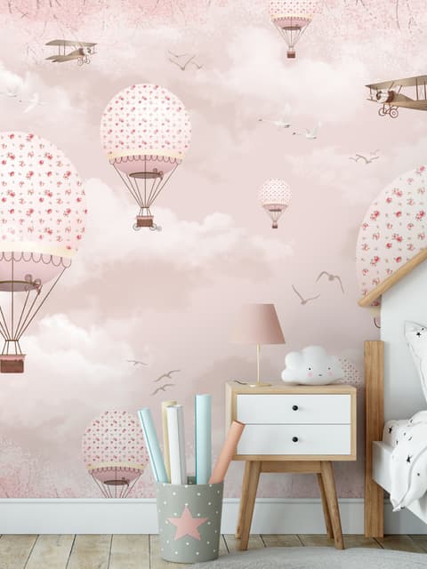 Kids Girls Pink Sky of Hot Air Balloon and Aircraft Wallpaper Mural