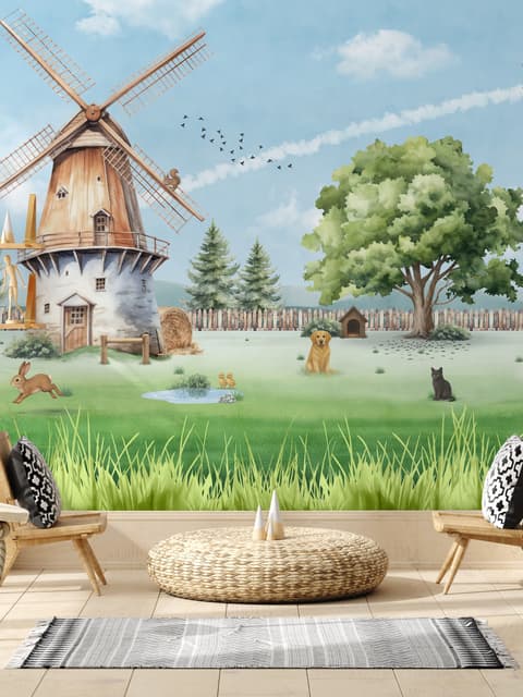 Papier Peint Panoramique Enfants Mignons Ferme d'Animaux avec Moulin à Vent