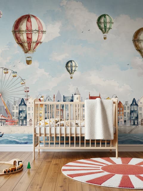 Kids Harbor Village and Hot Air Balloons Wallpaper Mural