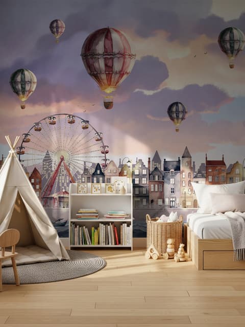 Kids Harbor Village and Hot Air Balloons Wallpaper Mural
