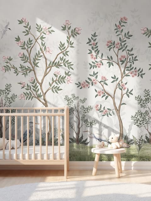 Chinoiserie Garden Trees And Birds Landscape Wallpaper Mural