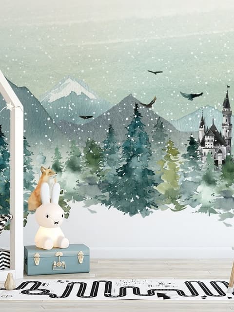 Aquarell Winterlandschaft und Fuchs Fototapete