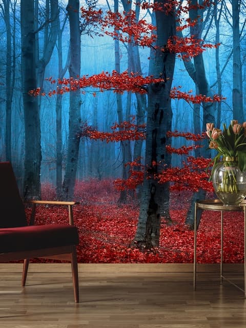 Autumn Forest with Red Leaves Landscape Wallpaper Mural